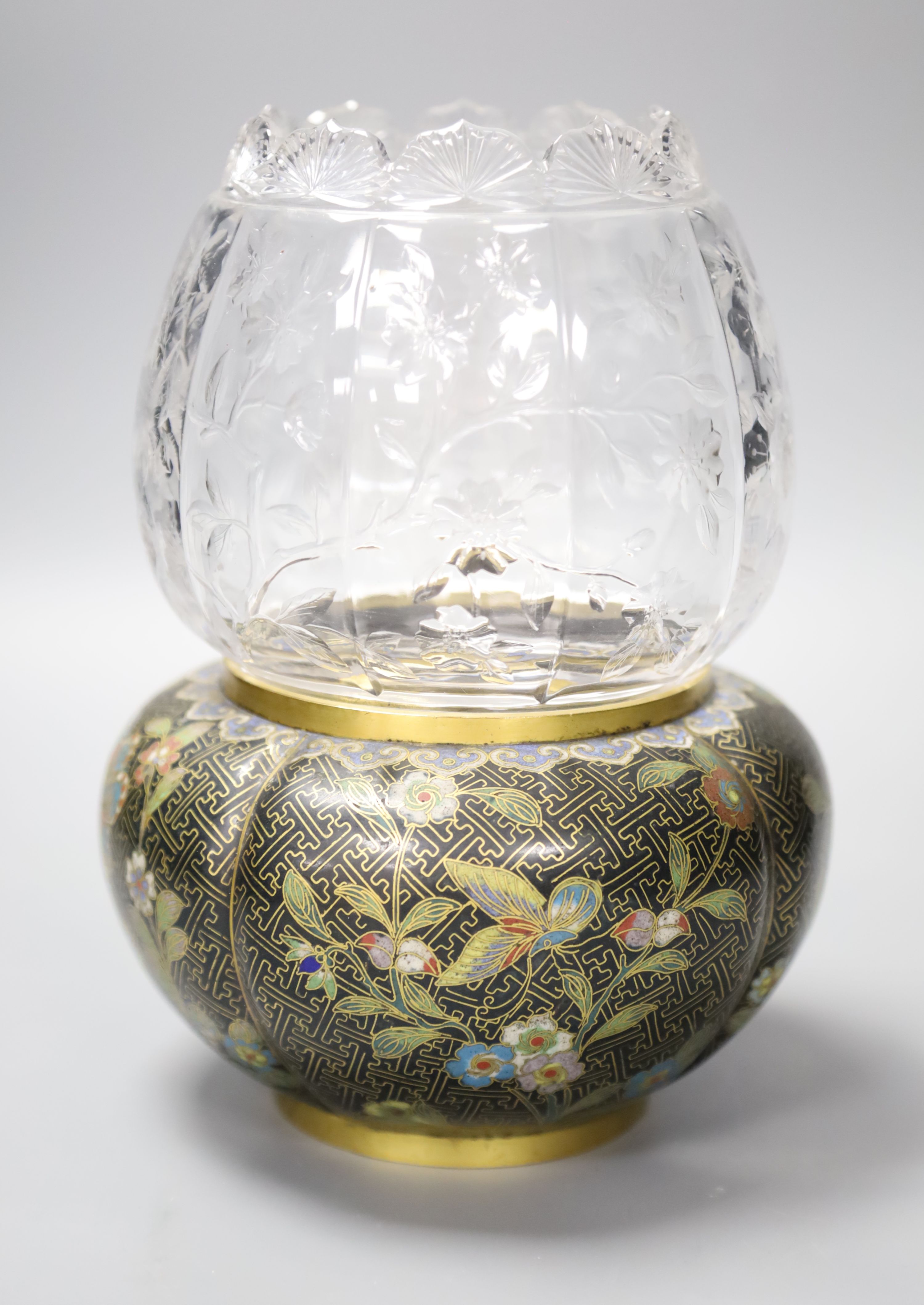 A late 19th century rock crystal glass and cloisonne enamel vase, possibly Elkington & Co and Thomas Webb?, height 21.5cm